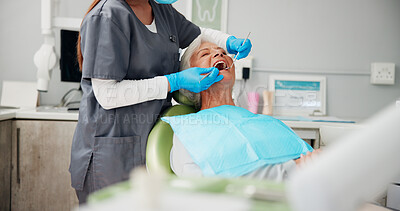 Buy stock photo Tools, hands and senior woman at dentist for tooth extraction, denture or oral hygiene with mirror. Healthcare, chair and elderly patient in clinic for root canal treatment, dental implant or filling