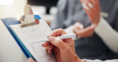 Buy stock photo Medical survey, senior or hand in hospital with document, health insurance checklist or info. Writing, patient or elderly person at consultation for medicare, healthcare plan or policy in office