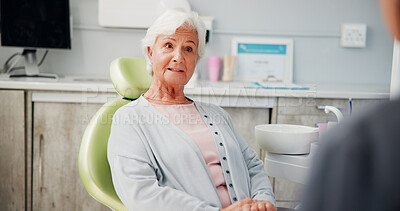 Buy stock photo Healthcare, consulting and advice with old woman at dentist for denture, oral hygiene and orthodontics. Dental treatment, teeth implant and wellness with senior patient for dry mouth and gingivitis