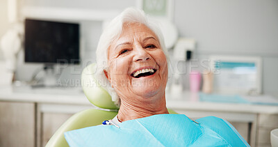Buy stock photo Portrait, smile and senior woman at dentist for teeth whitening results, dentures or oral hygiene. Healthcare, chair and elderly patient in clinic for root canal treatment, dental implants or filling