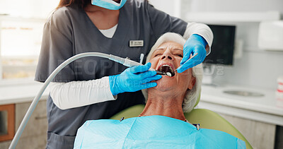 Buy stock photo Dentist hands, procedure or senior woman with oral hygiene, health or root canal treatment in clinic. Drill, mirror and orthodontist with patient for dental filling, teeth care or clean in retirement