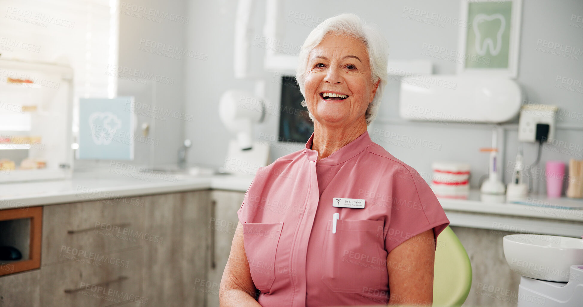 Buy stock photo Healthcare, laughing and portrait of woman dentist in office for hygiene, oral care or teeth whitening. Appointment, funny and welcome with mature dental professional in clinic for consultation