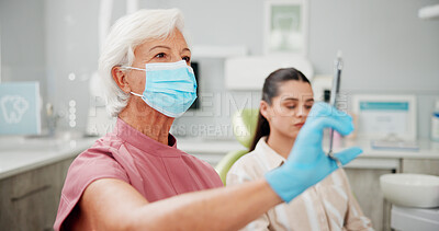 Buy stock photo Mature woman, dentist and syringe for patient at clinic with, tools and anesthesia for extraction surgery. Person, healthcare professional and needle with face mask, injection and oral care services
