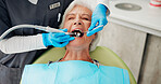 Cleaning, tools and senior woman at dentist for teeth whitening results, dentures or oral hygiene. Healthcare, chair and elderly patient in clinic for polish, dental care or plaque with brush