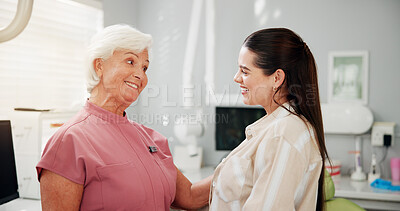 Buy stock photo Smile, dentist and woman in consultation for dental health, oral hygiene and appointment. Orthodontics, happy patient and professional with conversation for teeth care, support and wellness in clinic