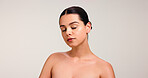 Eyes closed, woman and beauty in studio for self care, wellness and glow on white background. Mockup, space with clean girl makeup or dermatology for healthy skin shine, cosmetics or natural look