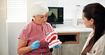 Woman, dentist and mould for brushing teeth in clinic for demonstration, technique and hygiene tips. Mature person, patient and model for oral cleaning, dental procedure and process for treatment
