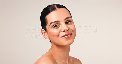Buy stock photo Beauty, smile and portrait of woman in studio for skincare, self care and collagen benefits. Happy, mockup space an dermatology with female person on white background for facial glow and aesthetic