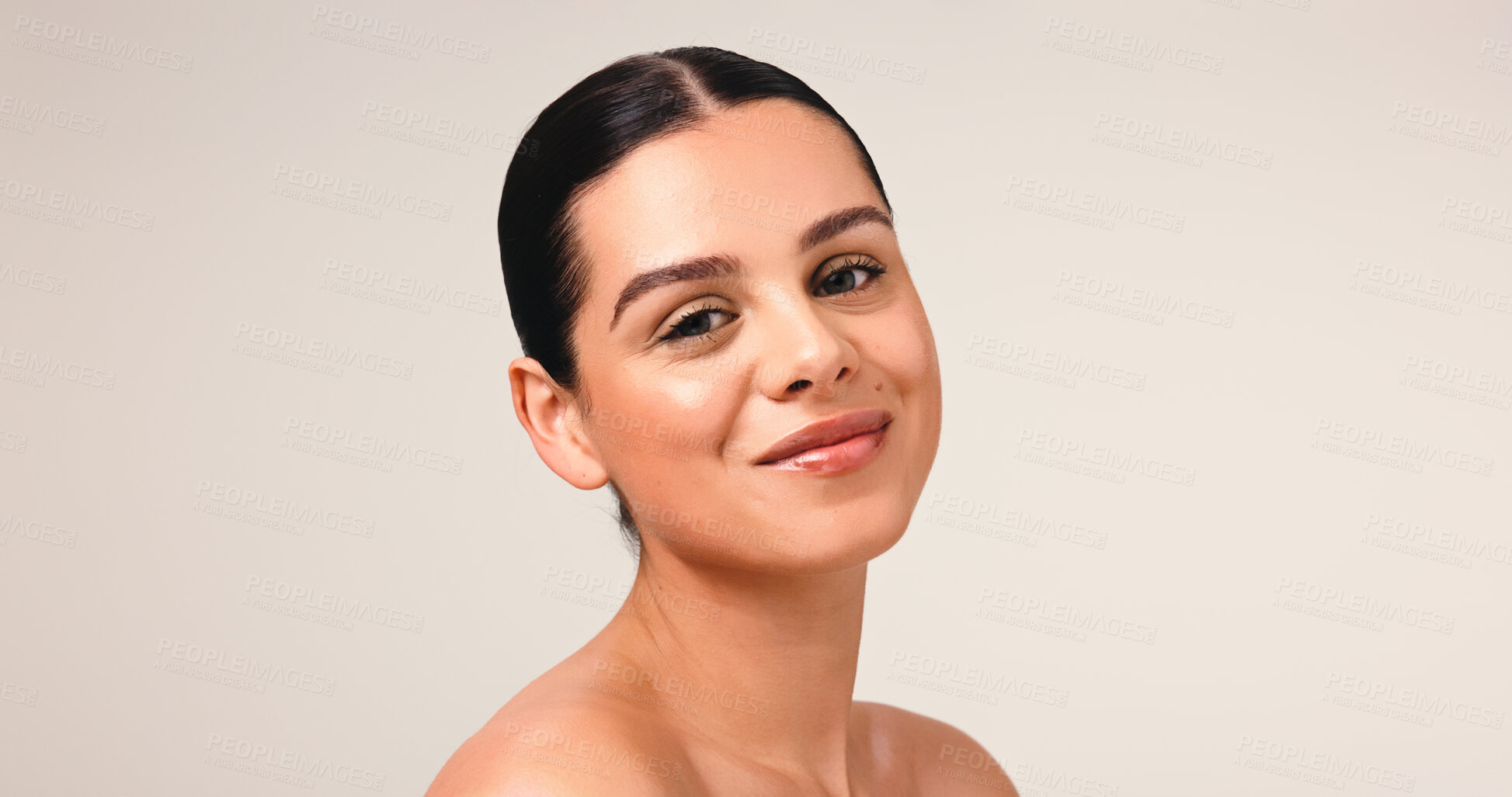 Buy stock photo Beauty, smile and portrait of woman in studio for skincare, self care and collagen benefits. Happy, mockup space an dermatology with female person on white background for facial glow and aesthetic