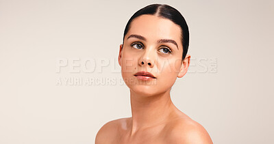 Buy stock photo Thinking, woman and beauty with skincare in studio for reflection, cosmetics ideas and natural glow. Vision, person and mockup space with healthy skin, facial shine and treatment on white background