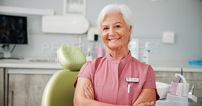 Buy stock photo Arms crossed, portrait and healthcare with woman dentist in office for oral care or teeth whitening. Appointment, hygiene and smile with mature dental professional in clinic for consultation
