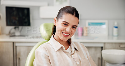 Buy stock photo Woman, portrait and smile at dentist for dental hygiene, teeth whitening consultation or healthcare checkup. Oral care, client and patient for cavity extraction, root canal examination and service