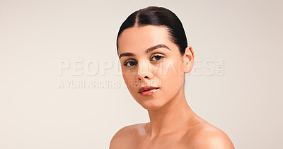 Buy stock photo Portrait, woman and pride for skincare in studio, mockup space and serious for healthy skin or glow. White background, hydration and person with soft face, wellness and natural cosmetics in Canada