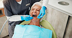 Dentist hands, tools or senior woman with oral hygiene, health or root canal treatment. Drill, mirror and orthodontist with patient in clinic for dental filling, teeth care or cleaning in retirement