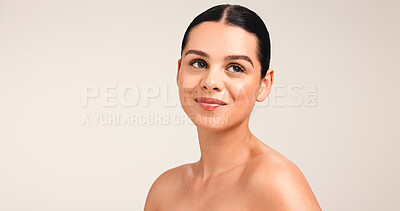 Buy stock photo Thinking, woman and smile for skincare in studio with reflection, cosmetics ideas and natural glow. Vision, person and mockup space with healthy skin, facial beauty and treatment on white background
