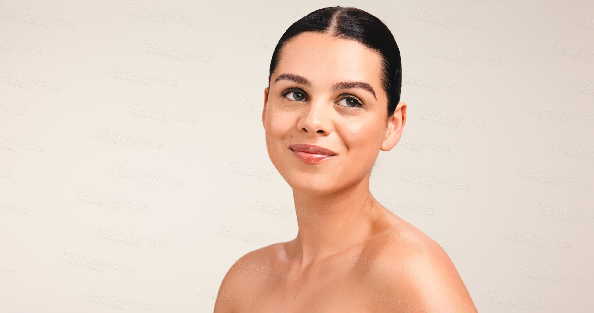 Buy stock photo Thinking, woman and smile for skincare in studio with reflection, cosmetics ideas and natural glow. Vision, person and mockup space with healthy skin, facial beauty and treatment on white background