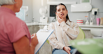 Buy stock photo Woman, pain and dentist consultation for oral hygiene, teeth whitening or healthcare checkup. Dental care, client and patient for cavity extraction, root canal examination and service with clipboard