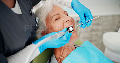Buy stock photo Cleaning, tools and senior woman at dentist for teeth whitening treatment, dentures or oral hygiene. Healthcare, mouth and elderly patient in clinic for polish, dental care or plaque with brush