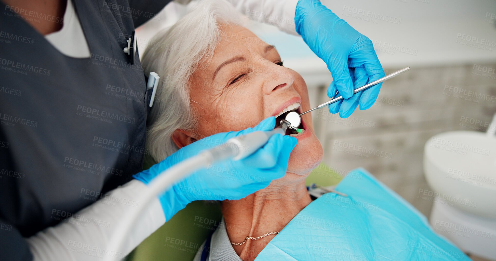 Buy stock photo Cleaning, tools and senior woman at dentist for teeth whitening treatment, dentures or oral hygiene. Healthcare, mouth and elderly patient in clinic for polish, dental care or plaque with brush