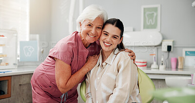 Buy stock photo Portrait, dentist and patient in office for consultation with smile, hug or clean teeth for hygiene. Happy, orthodontics or  women in health with advice, checkup and support in clinic for  treatment 