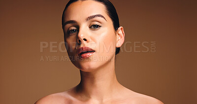 Buy stock photo Skincare, beauty portrait and girl in studio with natural makeup, skin hydration or confidence. Glow, woman or collagen treatment results on brown background with mockup space, cosmetics or self care