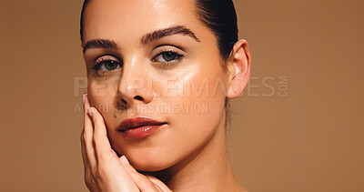 Buy stock photo Beauty, makeup and portrait of woman in studio for cosmetics, transformation and makeover. Mockup space, salon and person with confidence, facial glow and aesthetic for skincare on brown background