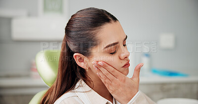 Buy stock photo Woman, toothache and stress at dentist with pain, cavity or rotten tooth at oral care clinic. Person, patient and gum disease with inflammation, infection or frustrated at dental health hospital