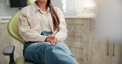 Buy stock photo Woman, patient and hands with anxiety for dental surgery, tooth extraction or pain relief at clinic. Space, female person or customer waiting in anticipation, checkup or nervous for dentist on chair