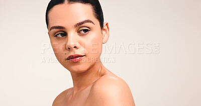 Buy stock photo Space, skincare and woman in studio with white background, beauty and detox for wellness. Dermatology, health and model in cosmetics with pose, facial treatment and results for natural glow.