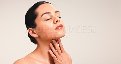 Buy stock photo Woman, touch and skincare with beauty in studio for clear skin, natural glow and smooth texture. Mockup space, person and facial shine of dermatology cosmetics, treatment results and white background