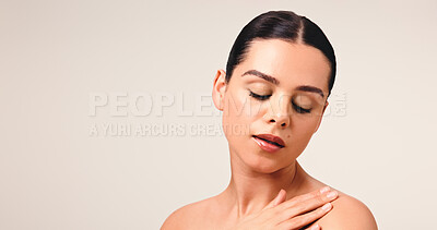 Buy stock photo Beauty, cosmetics and skincare with woman on studio space for collagen, hydration or vitamin c. Aesthetic, dermatology and facial with model isolated on white background for cosmetology or wellness