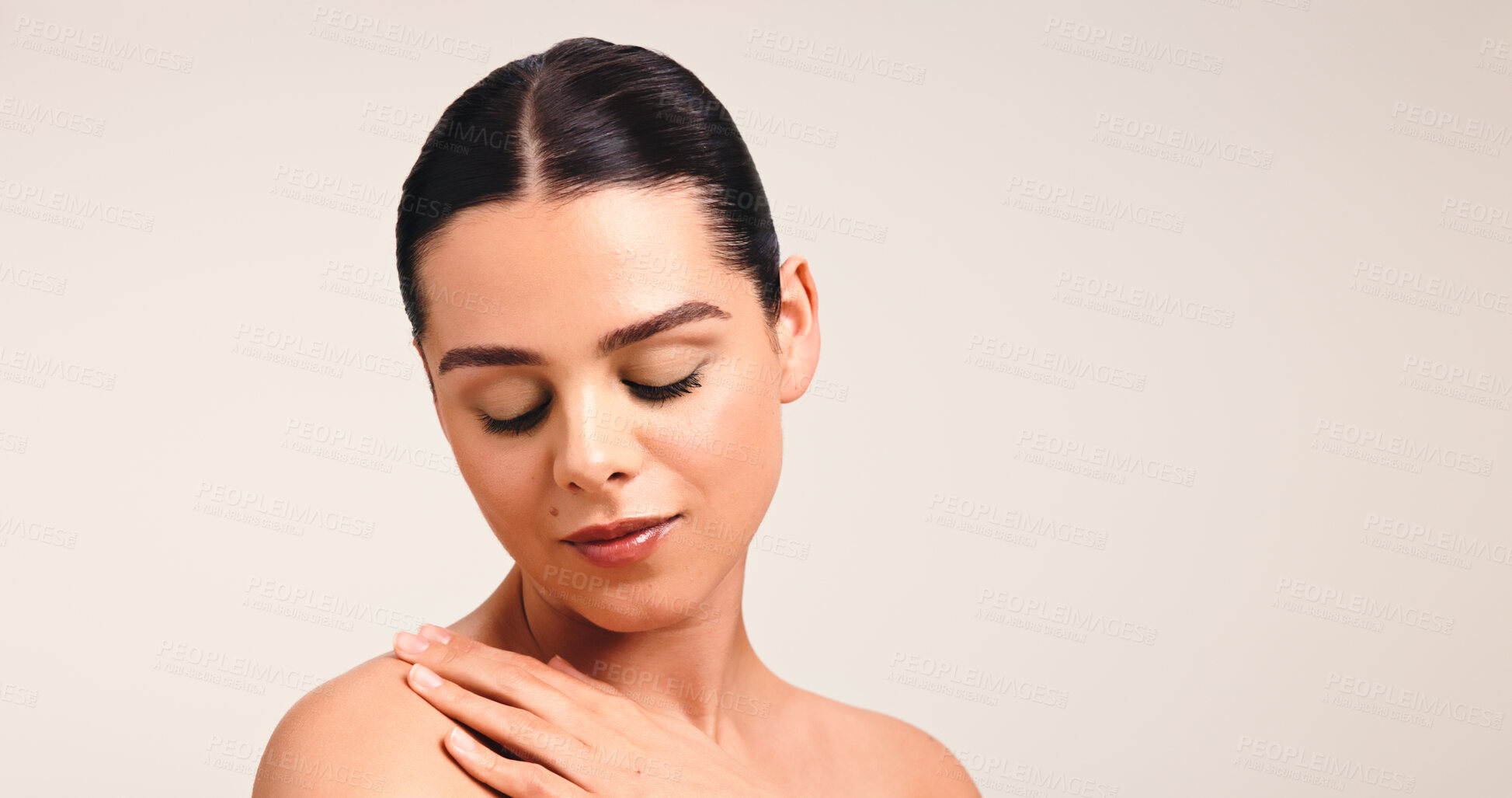 Buy stock photo Cosmetics, dermatology and skincare with woman on studio space for collagen, hydration or vitamin c. Aesthetic, beauty and face with model isolated on white background for cosmetology or wellness