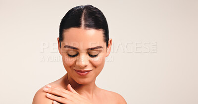 Buy stock photo Skincare, smile and shoulder with woman in studio for beauty, body care and collagen benefits. Happy, mockup space an dermatology with female person on white background for glow and aesthetic