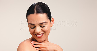 Buy stock photo Woman, touch and skincare with smile in studio for clear skin, natural glow and smooth textures. Mockup space, person and facial shine of dermatology cosmetics, treatment results and white background