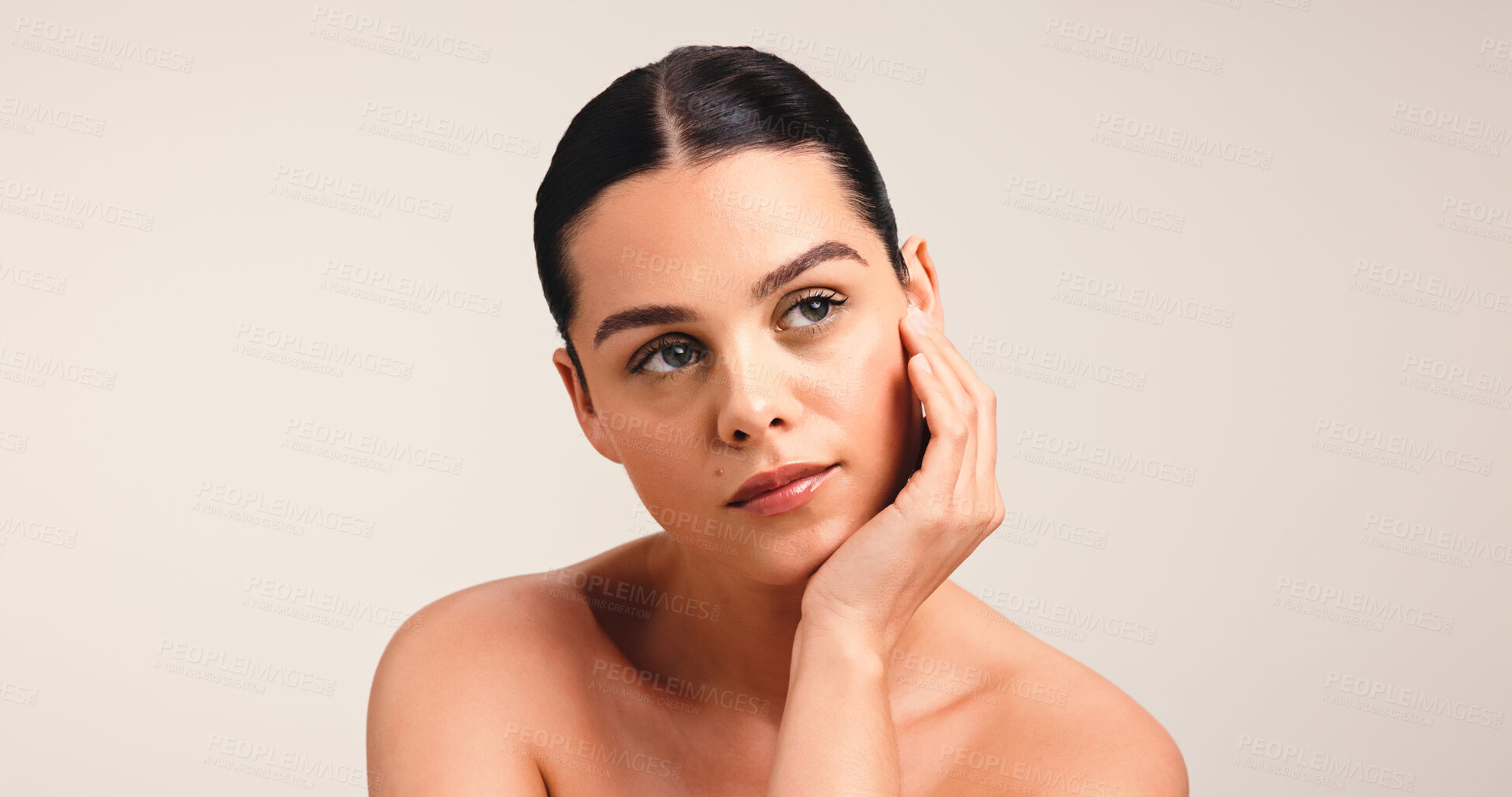 Buy stock photo Beauty, hand and thinking with woman in studio for self care, reflection and skincare glow. Perspective, shine and dermatology with person on white background for vision, Collagen and mockup space