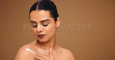 Buy stock photo Girl, skincare and cream with beauty in studio, mockup space or application on background. Woman, model and moisturizer lotion for benefits, dermatology or sunscreen with cosmetics for transformation