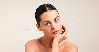 Buy stock photo Woman, portrait and skincare with beauty in studio for cosmetics on a white background. Face, female person or model with skin glow up, shine or facial for salon or spa treatment on mockup space