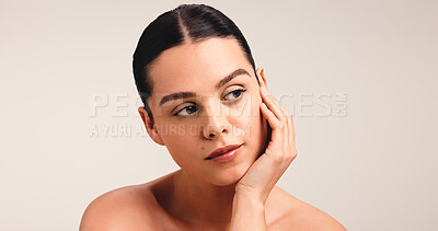Buy stock photo Hand, skincare and vision with woman in studio for self care, reflection and beauty glow. Perspective, shine and dermatology with person on white background for thinking, collagen and mockup space