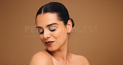 Buy stock photo Woman, smile and thinking with skincare in studio, mockup space and glow with results on background. Person, model and eyes closed for wellness, beauty or cosmetics with makeup, change or dermatology