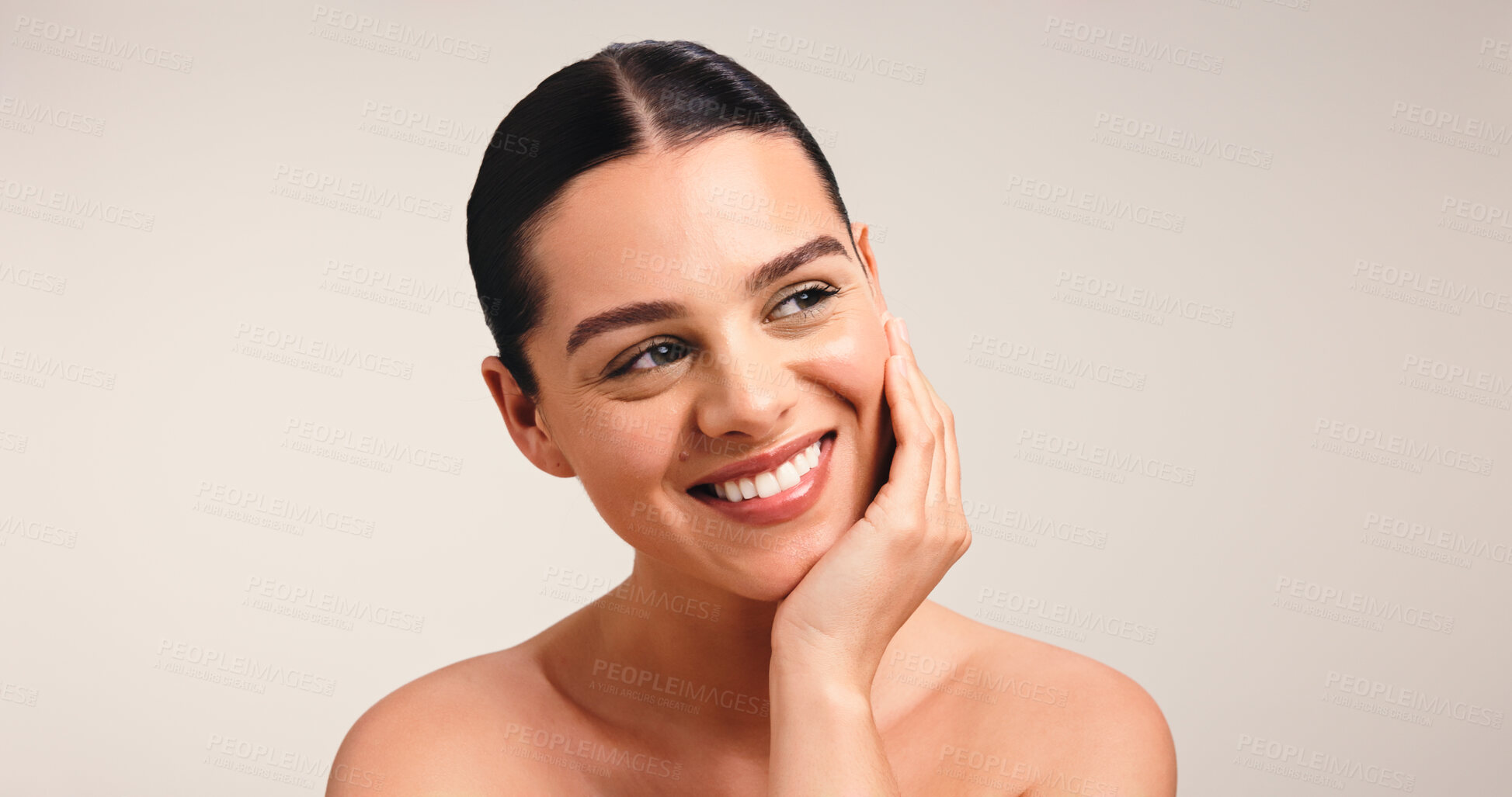 Buy stock photo Happy, woman and thinking for skincare in studio with reflection, cosmetics ideas and natural glow. Vision, person and mockup space with healthy skin, facial results and treatment on white background