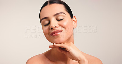 Buy stock photo Face, beauty and woman with smile in studio for selfcare, wellness and glow on white background. Mockup space, clean girl makeup or dermatology with healthy skin shine, cosmetic care or natural look