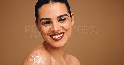 Buy stock photo Portrait, sunscreen and woman in studio, smile and dermatology on brown background. Mockup space, creme and happy person with cosmetics, uv protection and skincare with spf, lotion and aesthetic