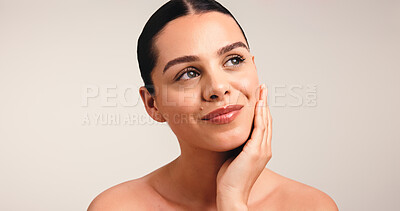 Buy stock photo Thinking, woman and smile for beauty in studio with reflection, skincare cosmetics and natural glow. Vision, person and mockup space with healthy skin, facial choice and texture on white background