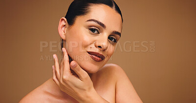 Buy stock photo Girl, portrait and skincare with touch in studio, results and natural makeup with glow on background. Woman, model and happy for transformation, mock up space and cosmetics for beauty in Greece