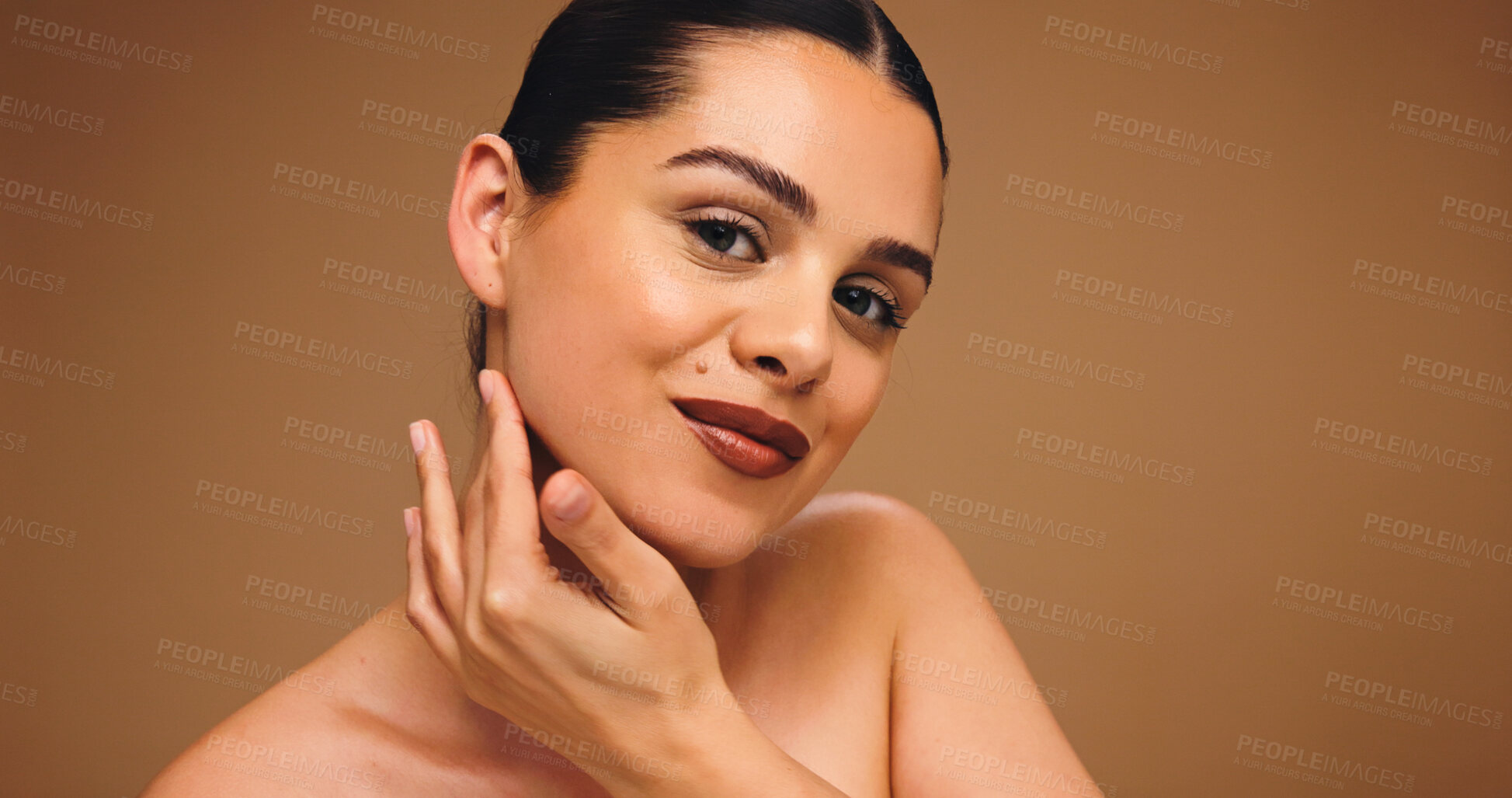 Buy stock photo Girl, portrait and skincare with touch in studio, results and natural makeup with glow on background. Woman, model and happy for transformation, mock up space and cosmetics for beauty in Greece