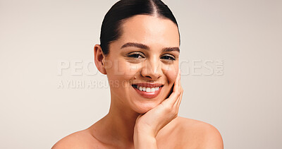 Buy stock photo Portrait, skincare and glow with happy woman in studio for beauty, shine or dermatology. Face, natural and model with facial cosmetics for aesthetic, health or skin texture on white background space