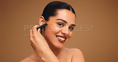 Buy stock photo Woman, gua sha and skincare portrait in studio, lymphatic drainage or antiaging beauty. Mockup space, person and jade stone for dermatology, natural cosmetic care and facial massage on background