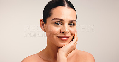 Buy stock photo Portrait, woman and skincare with beauty in studio for clear skin, natural glow and smooth texture. Mockup space, female person and facial shine of dermatology results, self care and white background