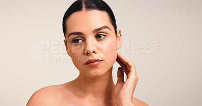 Buy stock photo Hand, beauty and vision with woman in studio for self care, reflection and skincare glow. Perspective, shine and dermatology with person on white background for thinking, collagen and mockup space