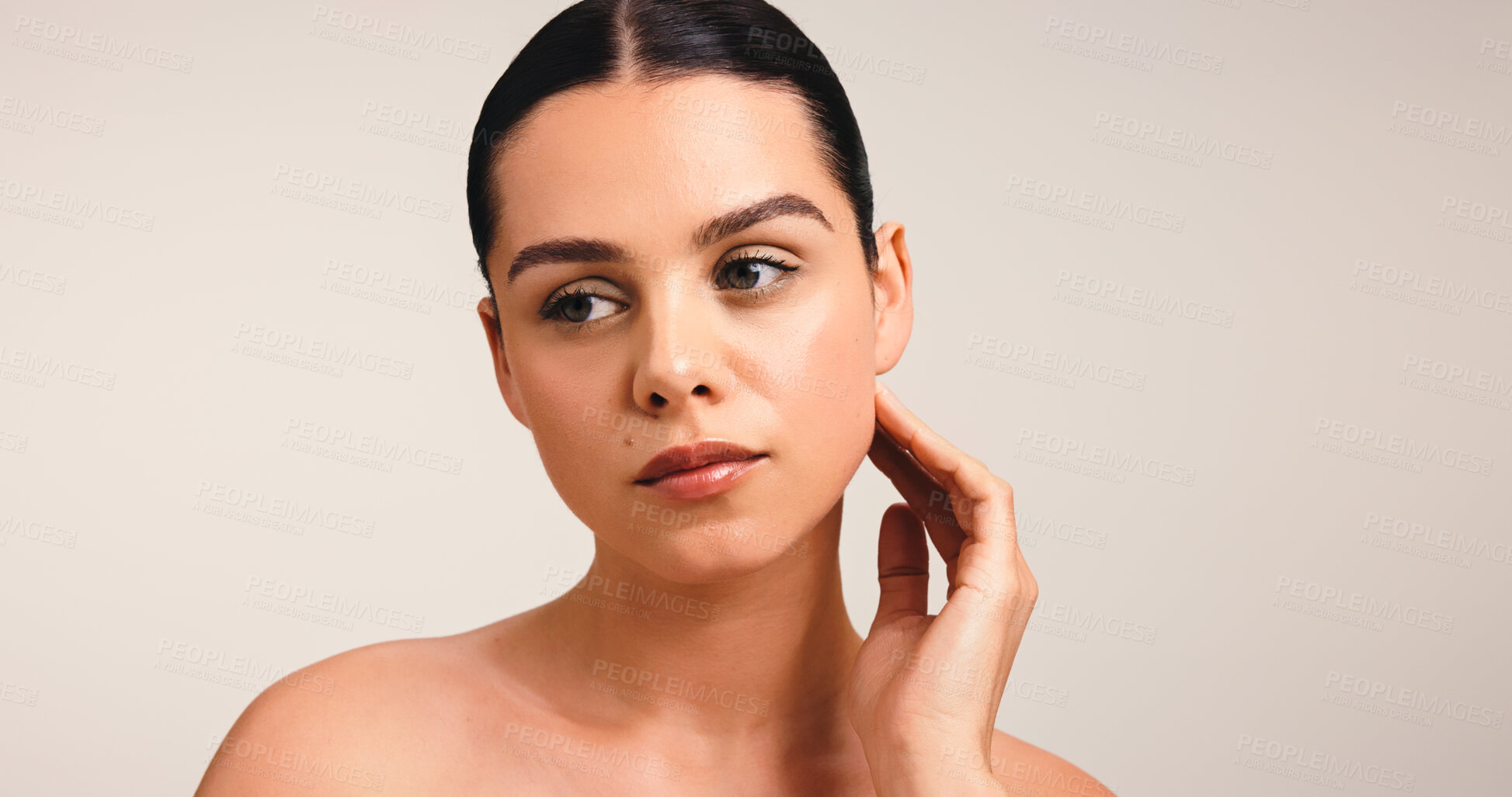Buy stock photo Hand, beauty and vision with woman in studio for self care, reflection and skincare glow. Perspective, shine and dermatology with person on white background for thinking, collagen and mockup space